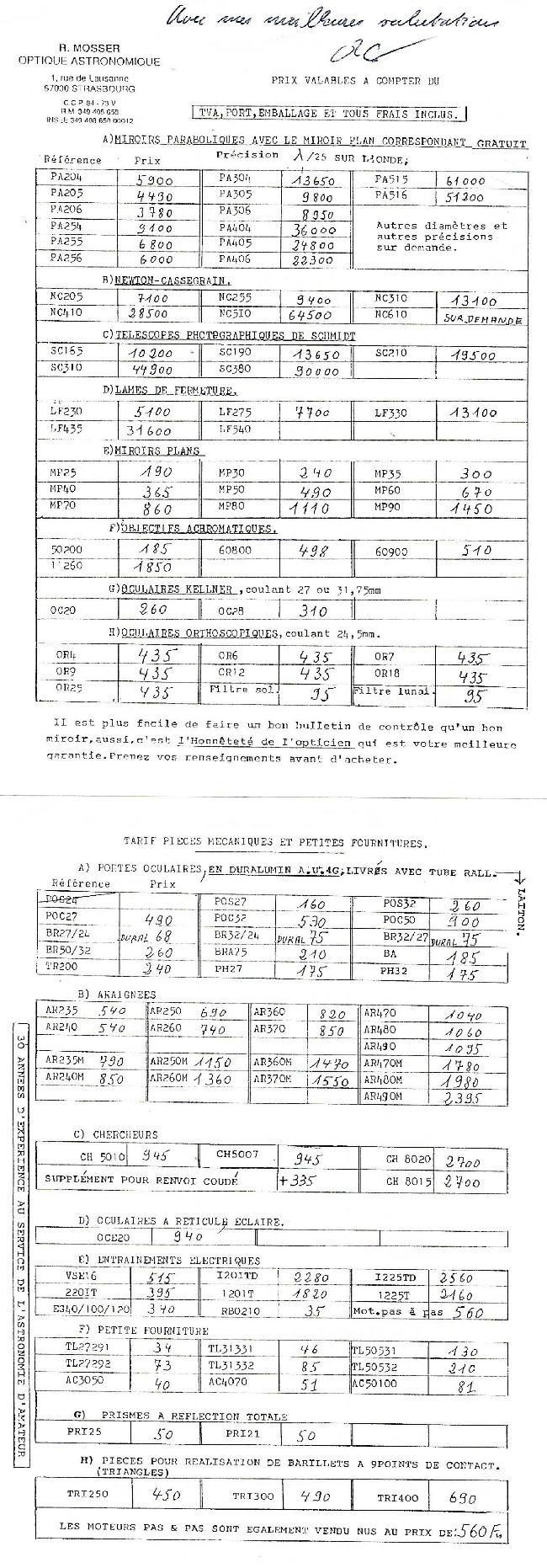 Tarifs Roger Mosser années 90