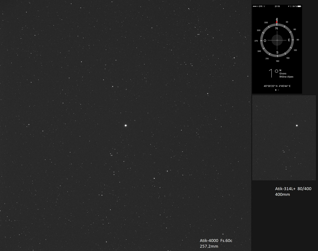 Champ pour FS.60c (imagerie)  Orion-80/400 (Guidage)   Le Setup me permet d'avoir quasiment le même champ pour l'imagerie et l'autoguidage  Pratique pour éviter une rotation de champ importante